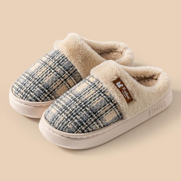 Gestreifte karierte Baumwollpantoffeln Herbst und Winter Indoor Zuhause verdickte weiche Sohle rutschfest Baumwollmopp warme Zuhause Flusenmopp