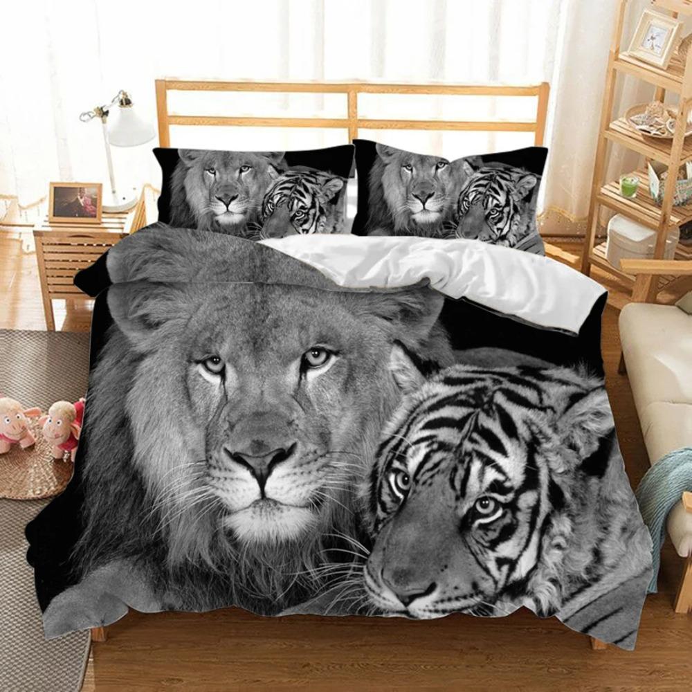 Lion Tiger King Queen Duvet Cover Lovely Wild Animals Bedding Set for Kids Teens Adults Wildlife Quilt Cover