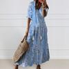 Women Dress Half Sleeves Flower Print A-line Loose Hem V Neck Soft Long Tassel Decor Shirring Ankle Length Vacation Beach Maxi Dress