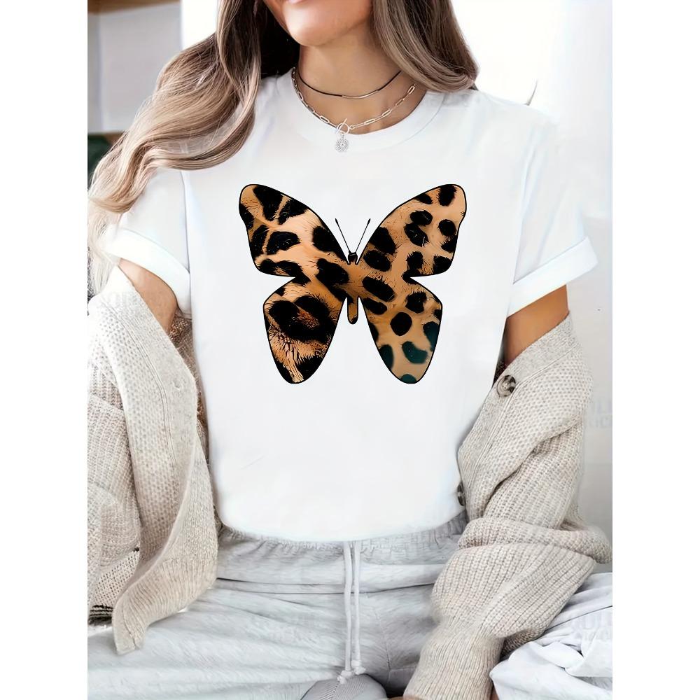 Women s Leopard Butterfly Graphic T-Shirt Soft Comfortable Casual Tee Short Sleeve Round Neck with Bold Leopard Print Design S
