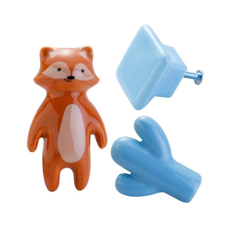 Yunchang Cactus Cartoon Ceramic Cabinet Handle - 5 Hand Colors, Cute Retro Design for Children's Rooms