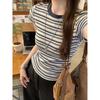 Contrasting Stripes Front Shoulder Short-sleeved T-shirt Women's Summer New Slim-fitting and Thin Small Round Neck Short Top