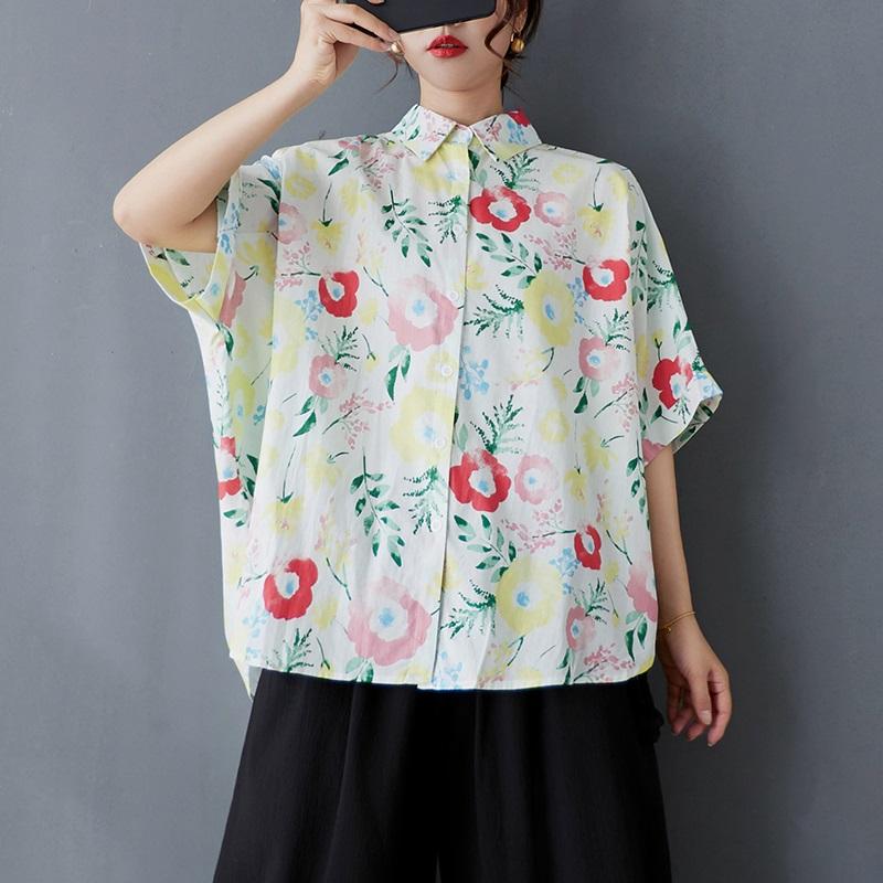 Short Sleeve Oversized  Vintage Floral Shirts & Blouses for Blouse Casual Loose Summer Tops Women Button Up Shirt