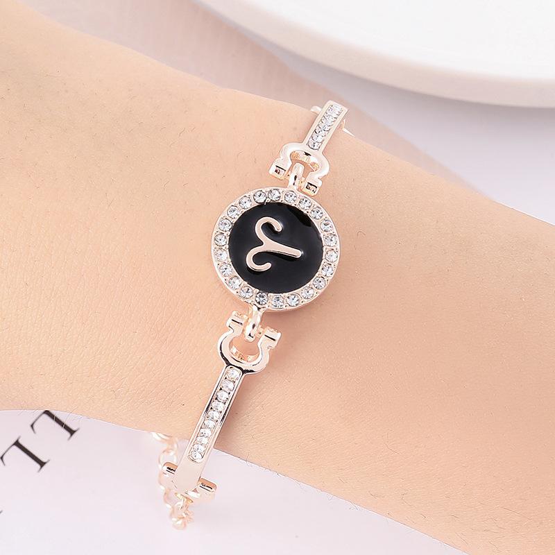 12 Zodiac Signs Bracelet for Women, Rose Gold Plated Inlaid Diamond Constellation Bangle, Fashion Couple Jewelry Gift