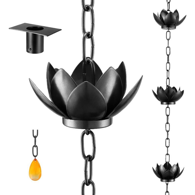 Oak Leaf Rain Chain with Adapter, Adjustable Lotus Rain Catcher Chain for Gutters Outside Downspout, for Divert Water and Home Display, Black