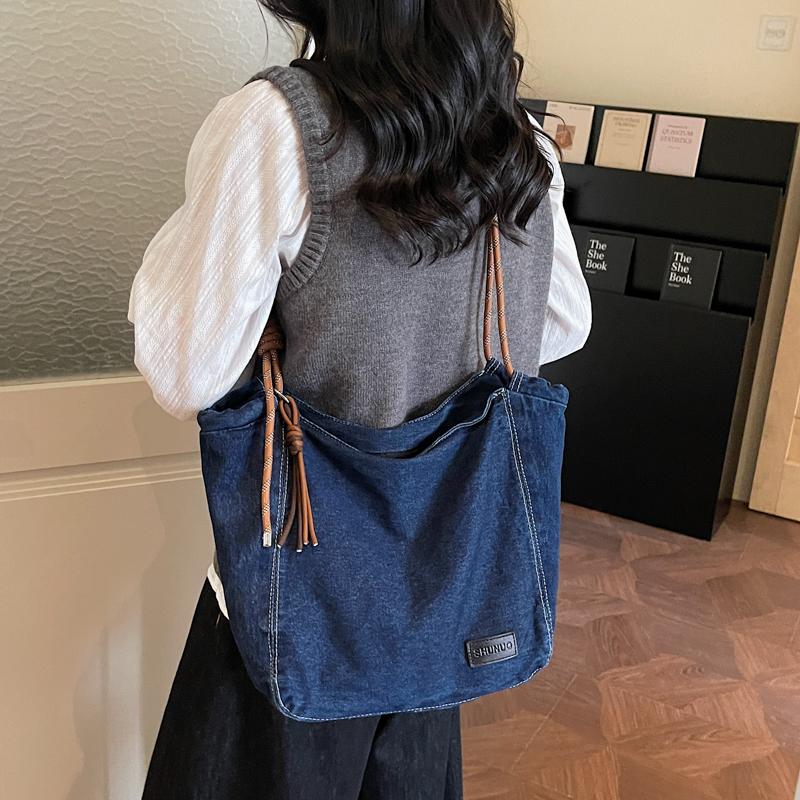 Duża Pojemność Retro Jeansowa Torba Damska Jednokolorowa Na Ramię Crossbody