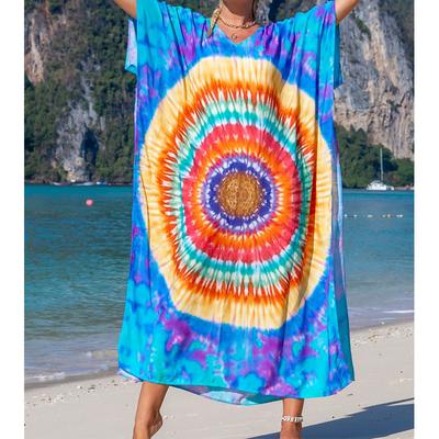 Women's Boho Cover Up, Plus Size Contrast Loose Fit Vacay Beach Kaftan Dress