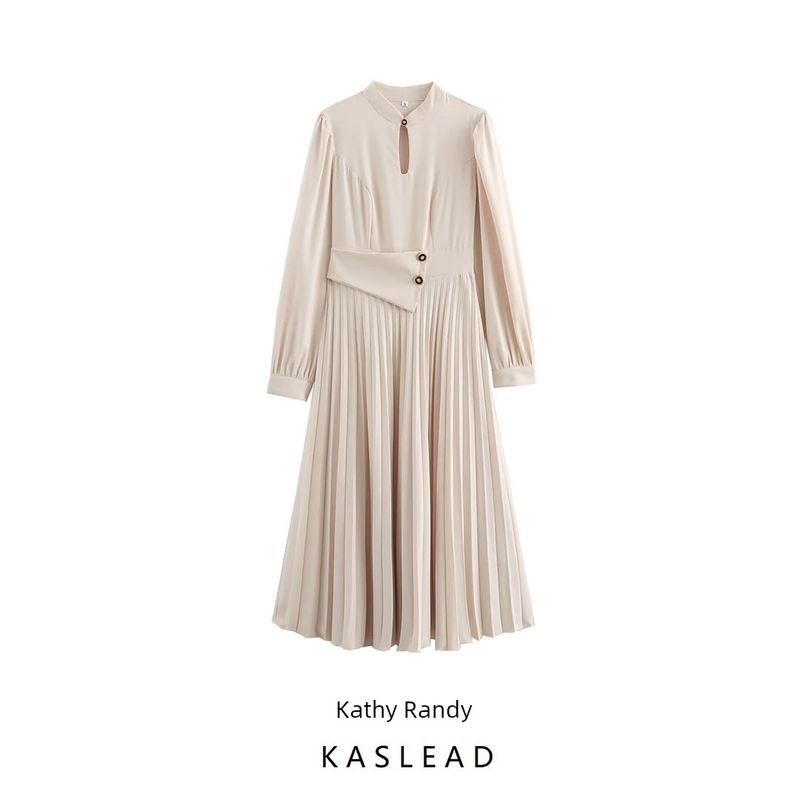Kaslead New Arrival Women's Clothing Fashion Style Cut Out Collar Tight Waist Lantern Sleeve Long Sleeve Pleated Dress