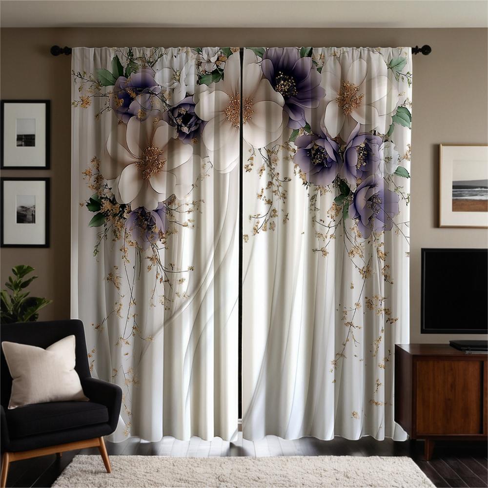 2-piece set of high-definition digital printed curtainwhite floral embroidered sheer curtain for rod pocketHome decoration style