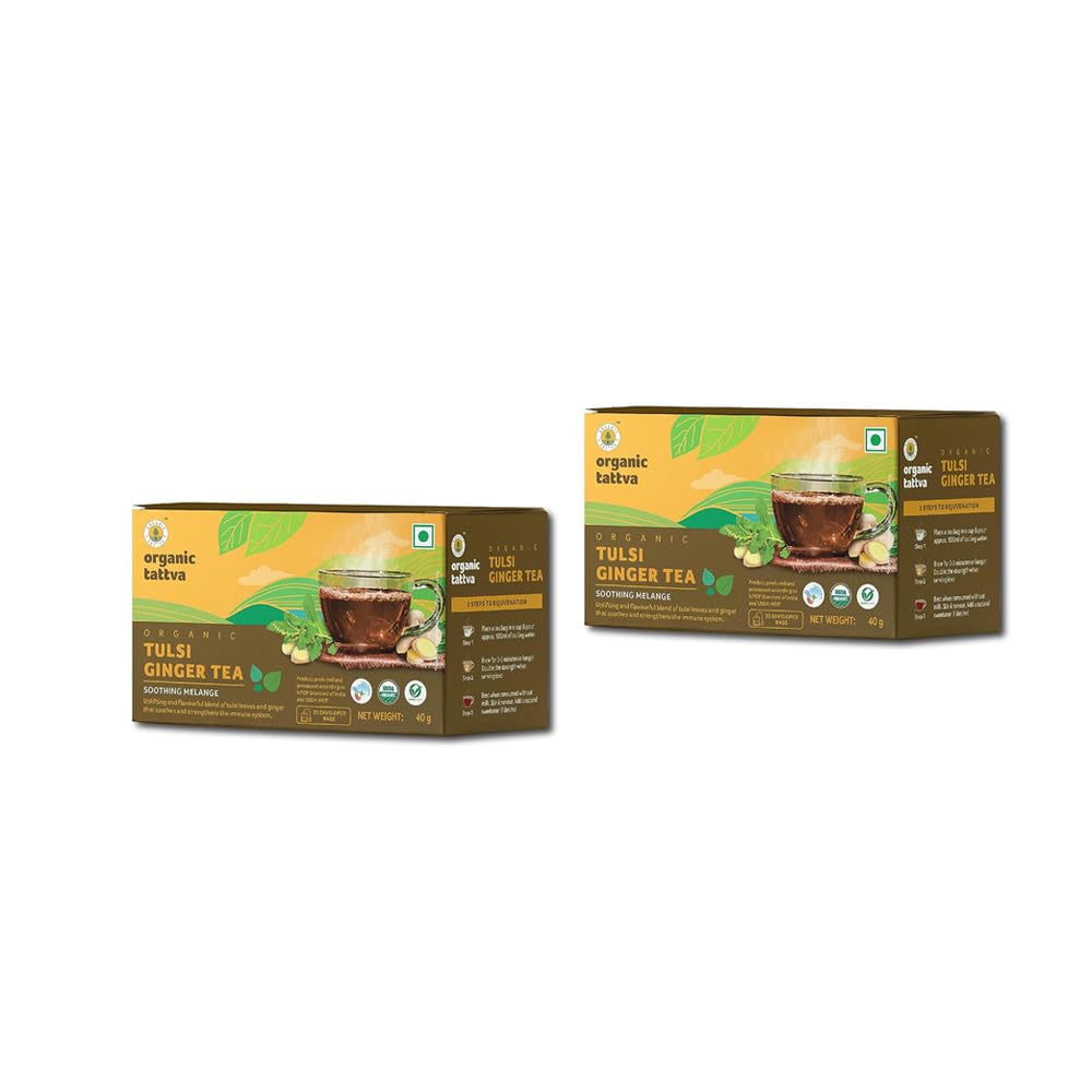 

Organic Tattva, Organic Tulsi Ginger Tea -20 Tea Bags | For Immunity Boosting & Sore Throat Prevention | Contains Vitamin C and Antioxidants