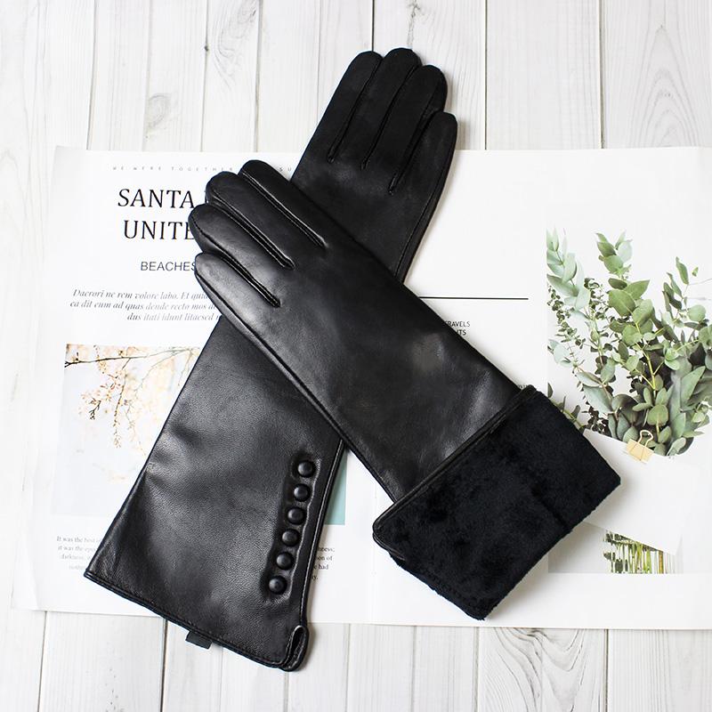 38 CM Long Sheepskin Gloves Women's Fashion Color Leather Finger Gloves With Velvet Lining to Keep Warm in Autumn and Winter