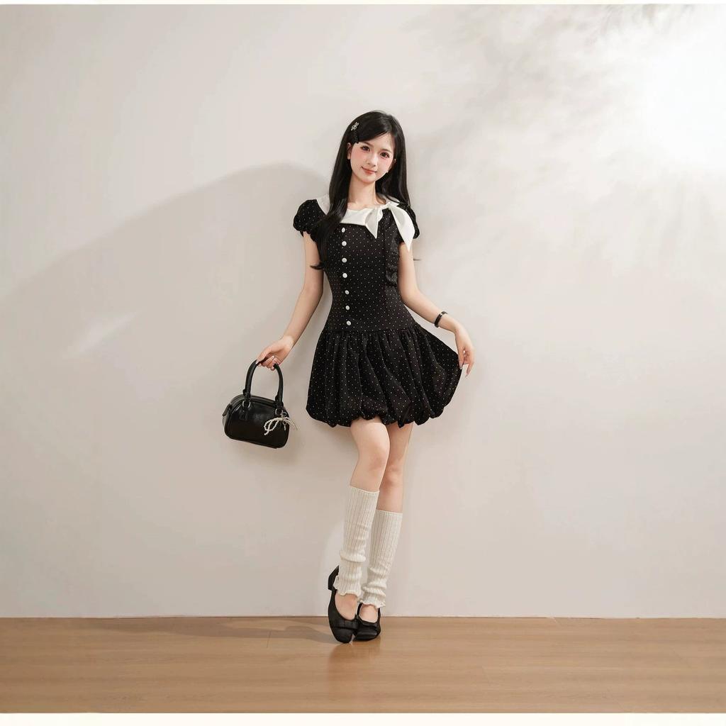 Thousand Gold Wind Bow Polka Dot Dress Women's Summer Retro Small Man Waist and Thin Temperament Fluffy Short Skirt