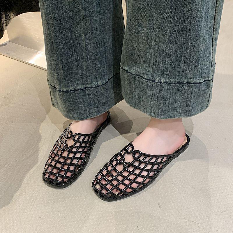 Fashion mesh non-slip flat bottom hole beach sandals transparent bag head hollow slippers 2025 summer and autumn new