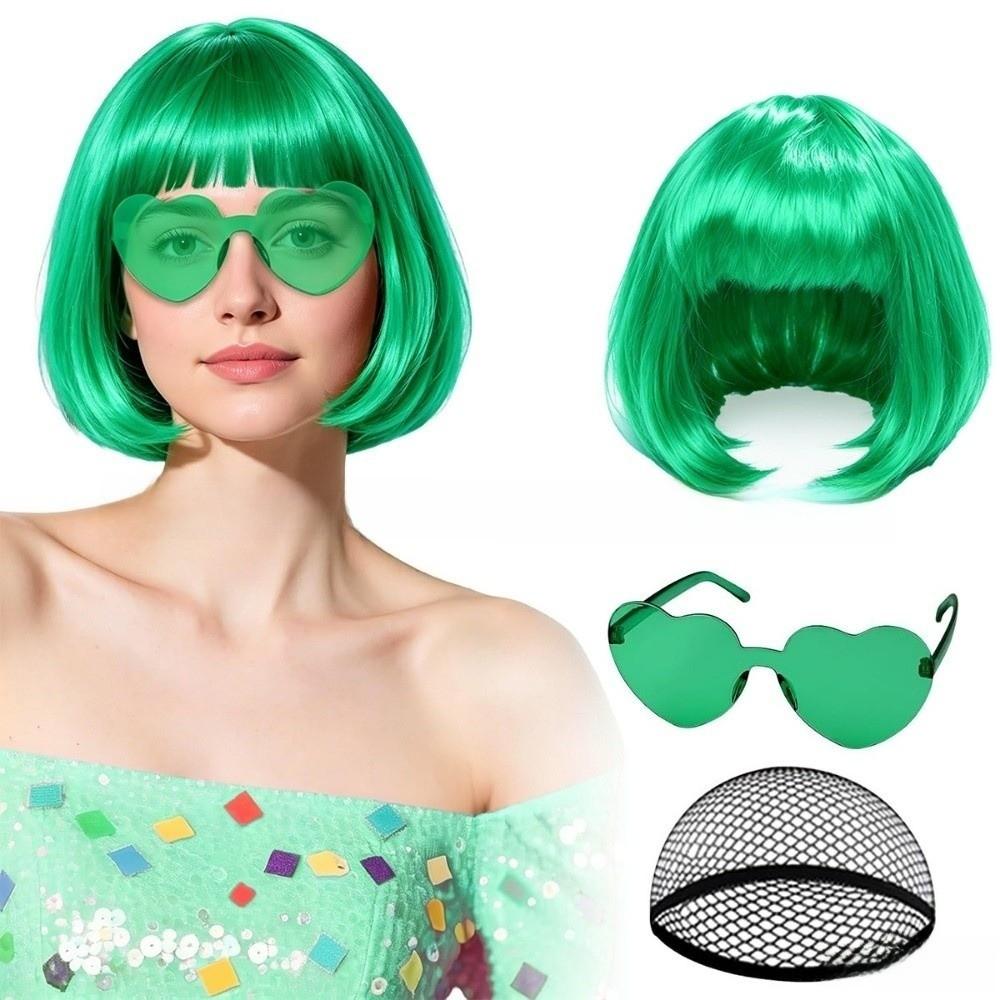 3Pcs Halloween Cosplay Wig Set Colorful Short Bangs Y2K Role-playing Short Hair Wig Halloween
