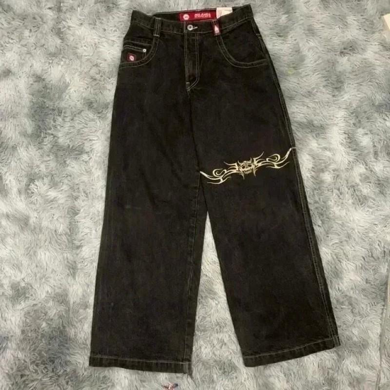 Mens Y2K Harajuku Hip Hop Streetwear Loose Fit Black Denim Jeans With Cartoon Embroidery