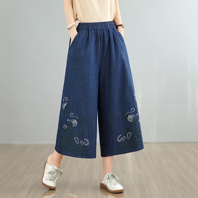 Plus Size Thin Vintage Embroidery Floral High Waist Casual Loose Women Summer Jeans Denim Wide Leg Pants