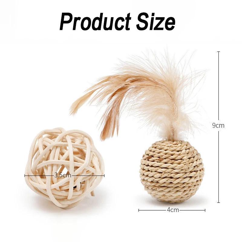 

Rattan cat ball, faux feather fun toy, bell, interactive ball, pet supplies, 2 pcs. бежевый