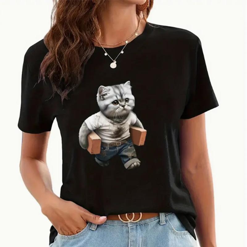 

Модная женская футболка с принтом «Милый кот, несущий кирпичи», забавная повседневная футболка с круглым вырезом и короткими рукавами, летняя женская футболка 8XL чёрный