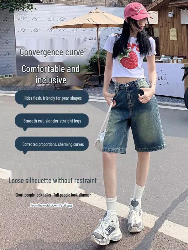 Women's 2025 Retro Washed Denim Mid-Length Loose Straight-Leg Shorts