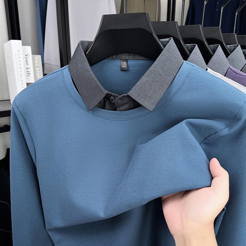 Men's Lapel Fake Two Piece Long Sleeve T-Shirt Autumn Solid Color Breathable Fashion Business Commute Menswear