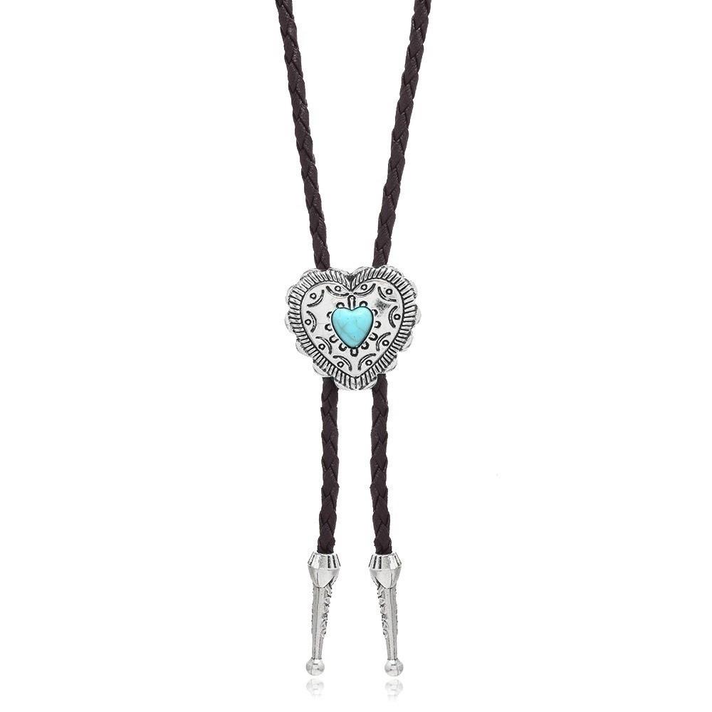 

Ethnic Style Heart Shape Pendant Necklace Silver Bolo Tie Creative PU Leather Necklace Girls Dark Coffee Silver