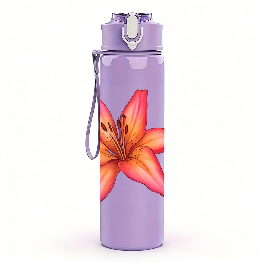 1PC Pink Lily Flower Illustration 750ml Color Plastic Sports Water Bottle Leakproof Flip Straw Lid Suitable for Sports Office Home Use