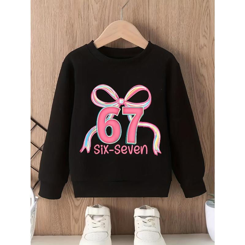 Kids Unisex Crewneck Sweatshirt, Cute Pastel Rainbow Bow Pink 67 Six-Seven Girly Print Long Sleeve Pullover, Soft Sweatshirts for Boys Girls Ages 4+