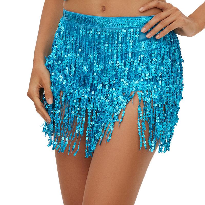 Bohemian Sequin Hip Scarf: Four-layer Tassel Waist Chain Belly Dance Costume for Women. Perfect for Halloween Performances.