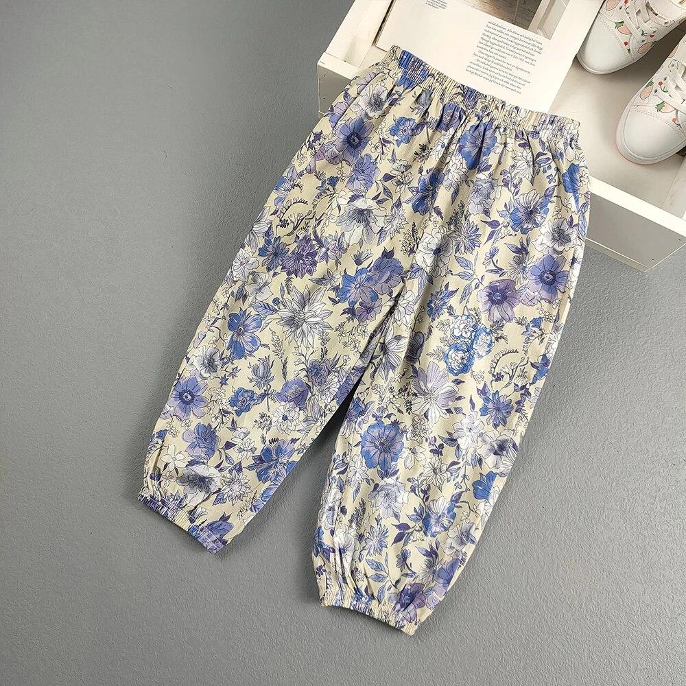 

Летние детские штаны с цветочным принтом для девочек и мальчиков, дышащие пляжные штаны, противомоскитные брюки 140