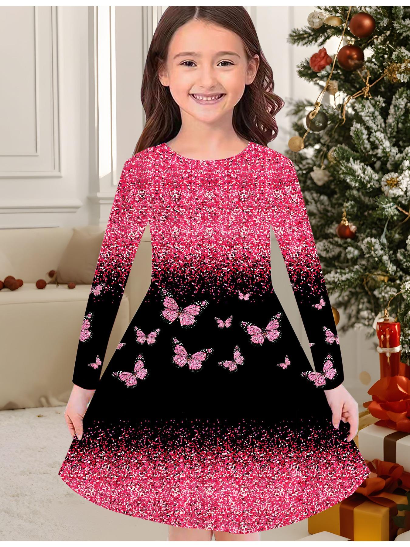 

Girls Autumn and Winter Fashion Dress, 3D Butterfly Print Round Neck Long Children s T-shirt Dress, Casual Versatile, Christmas Clothing 170 розовый