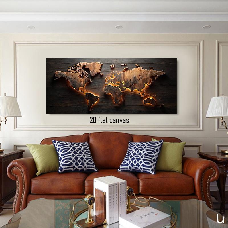1pcs Wooden World Map Frameless Canvas Decorative Hanging Painting Living Room Study Office Modern Minimalist Style Home Wall De