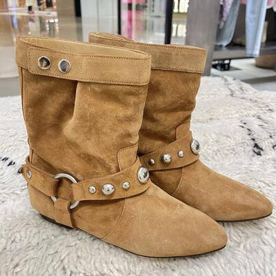 British Style Rivet Leather Cowboy Western Boots Women'S Wide Boots Pointed Flat Bottom Martin Boots Short Boots