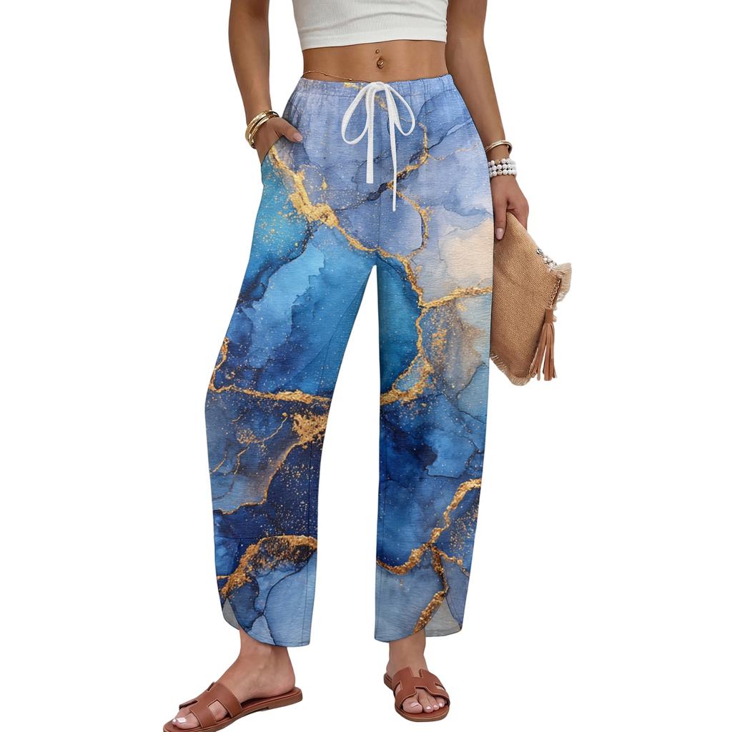Women Casual Wide Leg Pants Marble Print Loose Fit Drawstring Waist Straight Leg Trousers Comfortable Lightweight Fabric