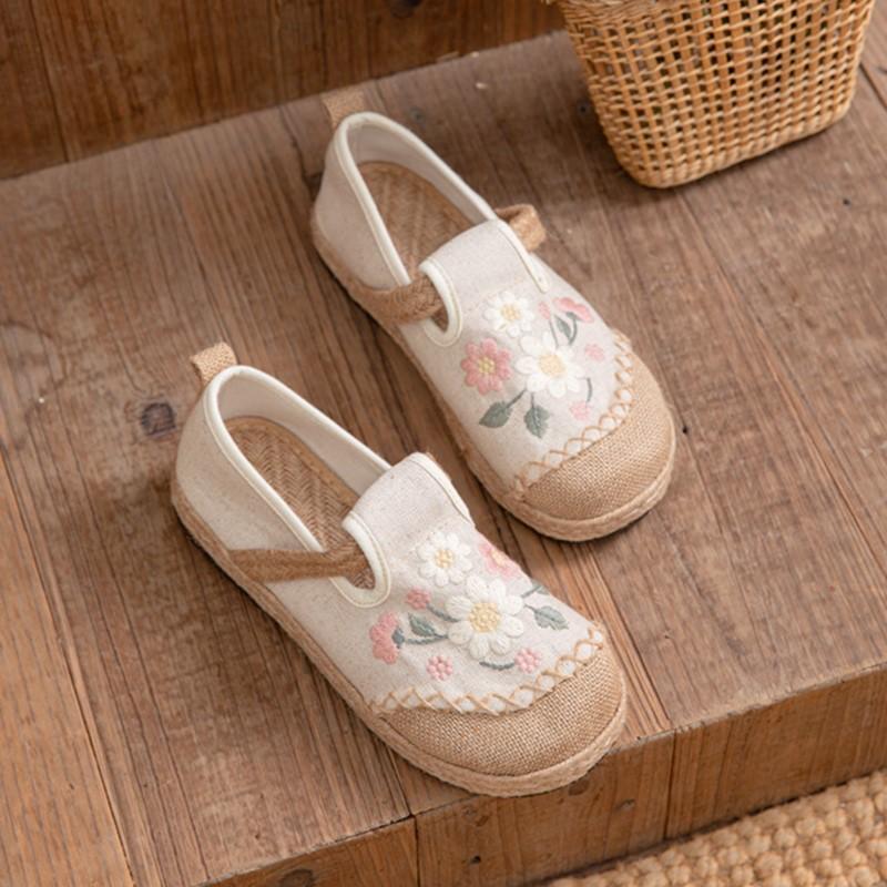 Johnature Chaussures plates confortables en tissu brodé, coton et lin, style ethnique, pour femmes