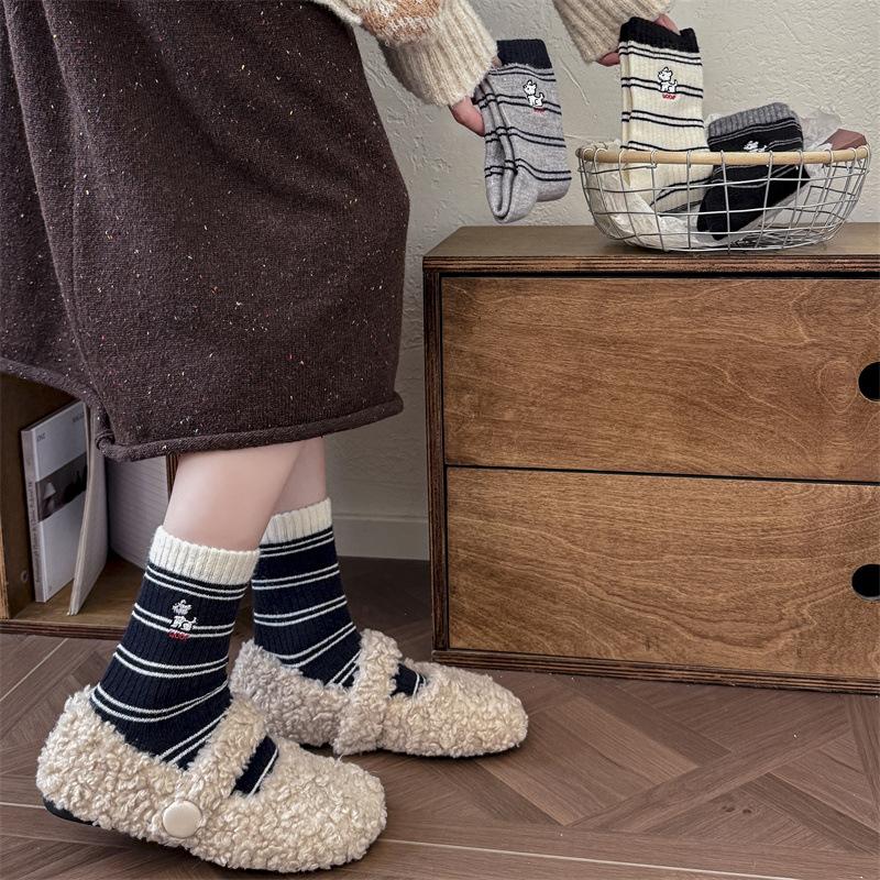 Women's Autumn and Winter Woolen Thickened Warm Striped Embroidered Cartoon Puppy Mid-calf Socks Trendy Pile Socks