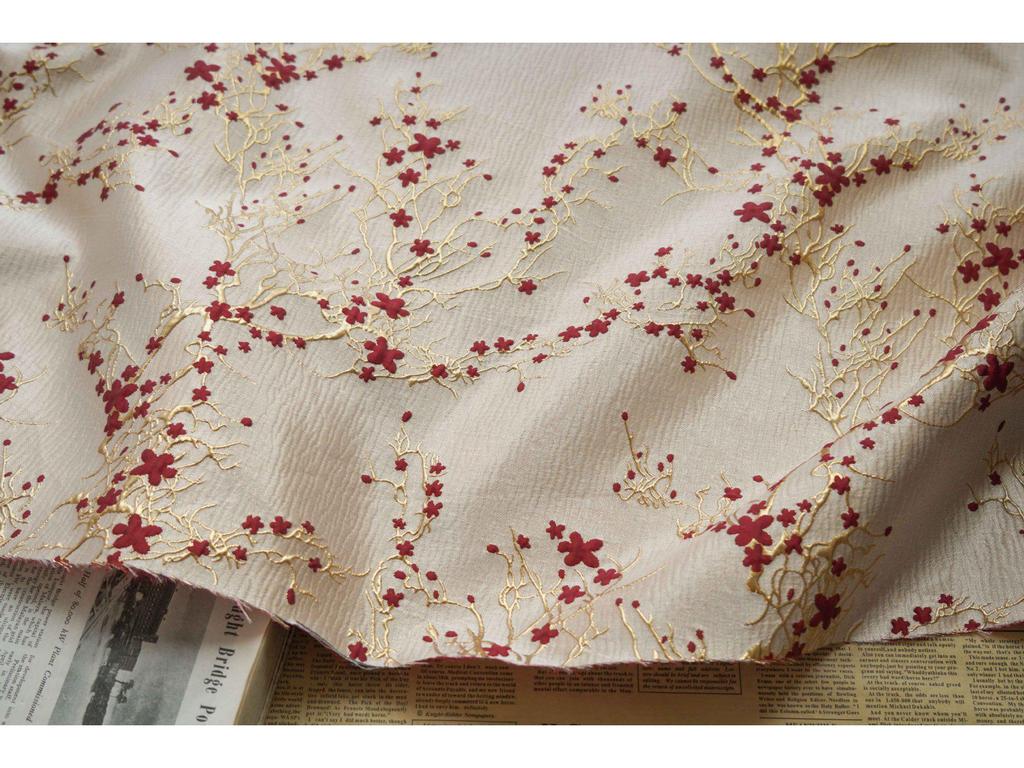 Elegant Women's Dress with Gold Embossed Thread and Red Floral Jacquard Fabric