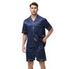 Yousheng 2Pcs/Set Men Pajamas Set Lapel Short Sleeve Single Breasted Tops Elastic Waist Shorts Set Solid Color Satin Sleepwear
