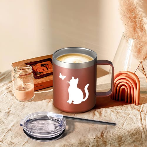 Livole Cat Gift for Women, 350ml Stainless Steel Mug with Lid and Straw, Keeps Hot or Cold, Cute Mother's Day Gift, Retirement Gift (Rose Gold)