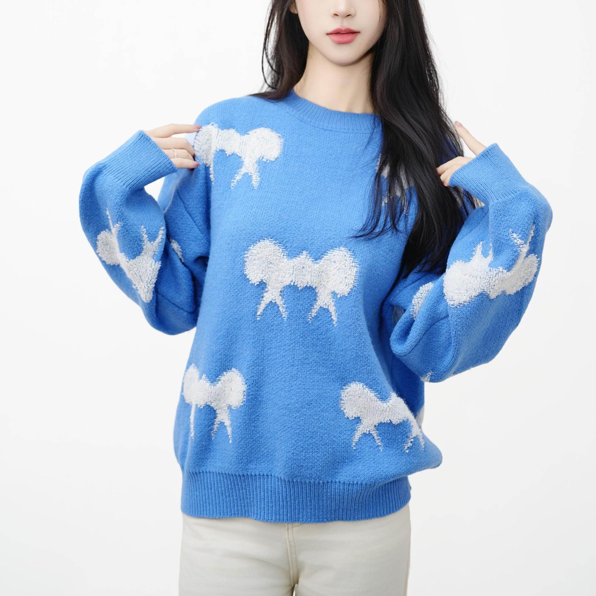 

Корейская мода Новый свитер Женский круглый вырез Сращивание Бант Вязаный топ Свободный Повседневный Fairycore Пуловер Свитеры One size синий