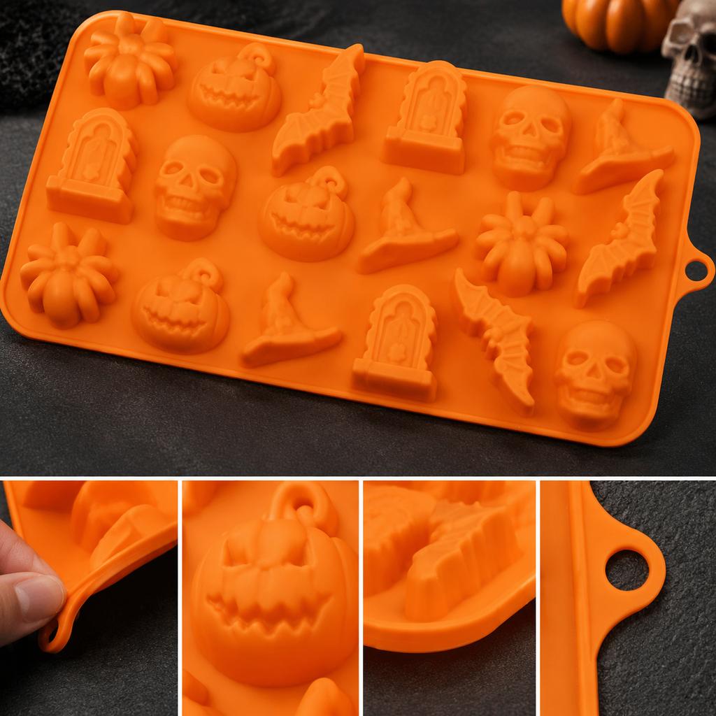 Halloween Silicone Chocolate Mold with Pumpkin Skull Bat Tombstone and Witch Hat Shapes for Baking Treats
