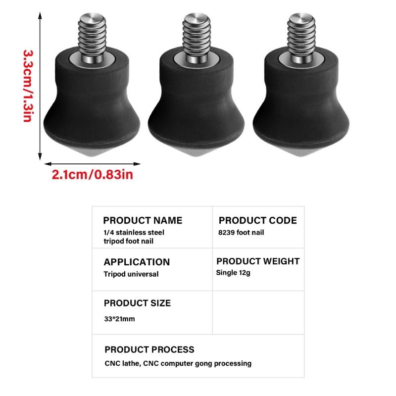 3PCS Durability Rubber Foot 1/4 Stainlessed Steel Foot Nail For Various Tripods Enhances Grip