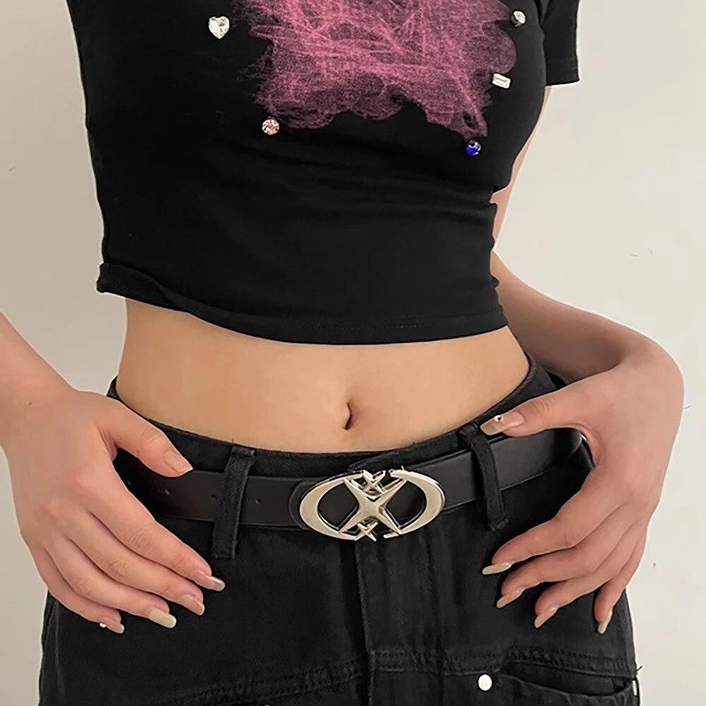 Cinturón de mujer con hebilla de estrella punk, diseño de cruz de metal, estilo gótico vintage, para hombre y mujer, cinturón Y2K de piel sintética, para pantalones vaqueros y dama.