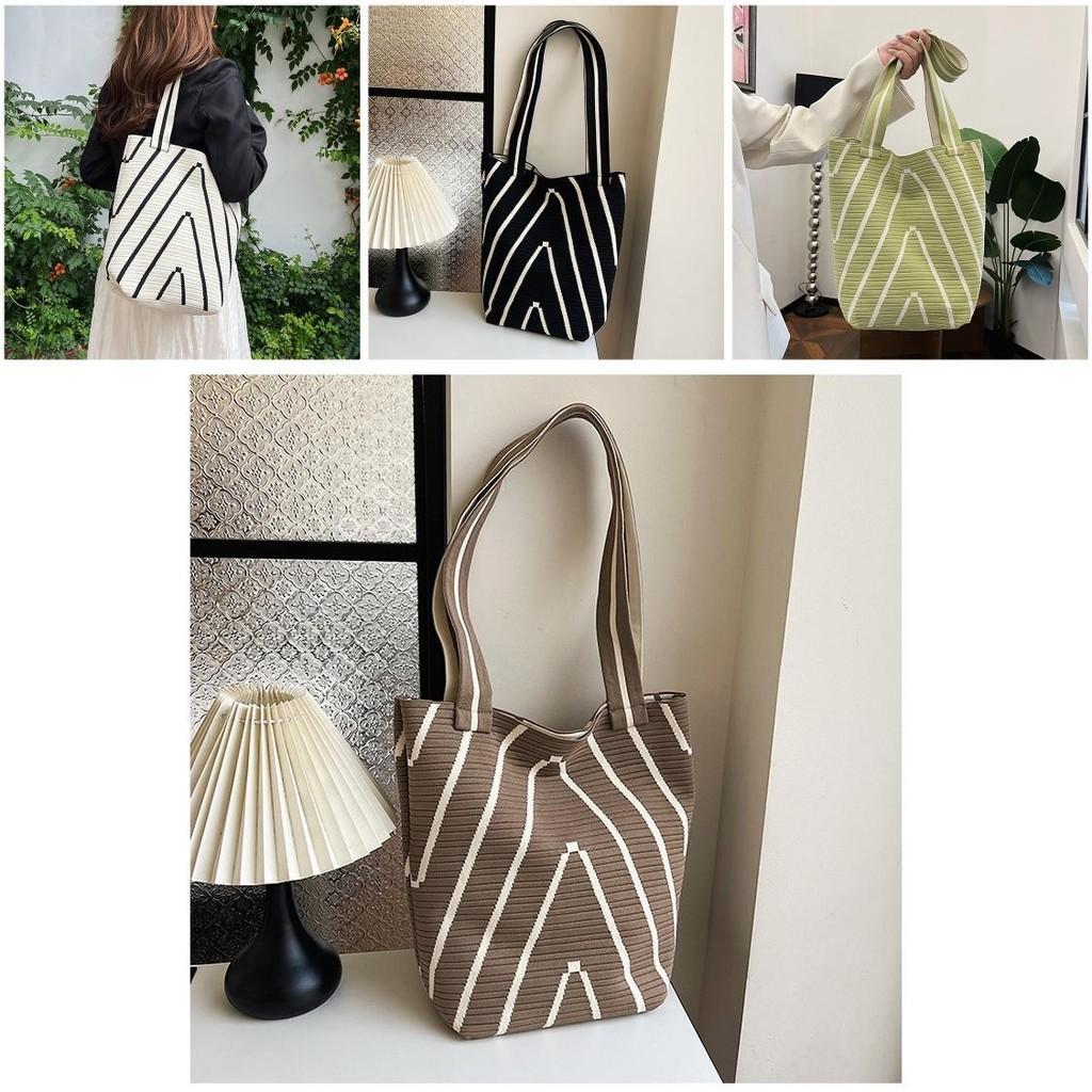 Stylish Korean Striped Knitted Women's Bucket Bag With Soft Fabric And Spacious Design
