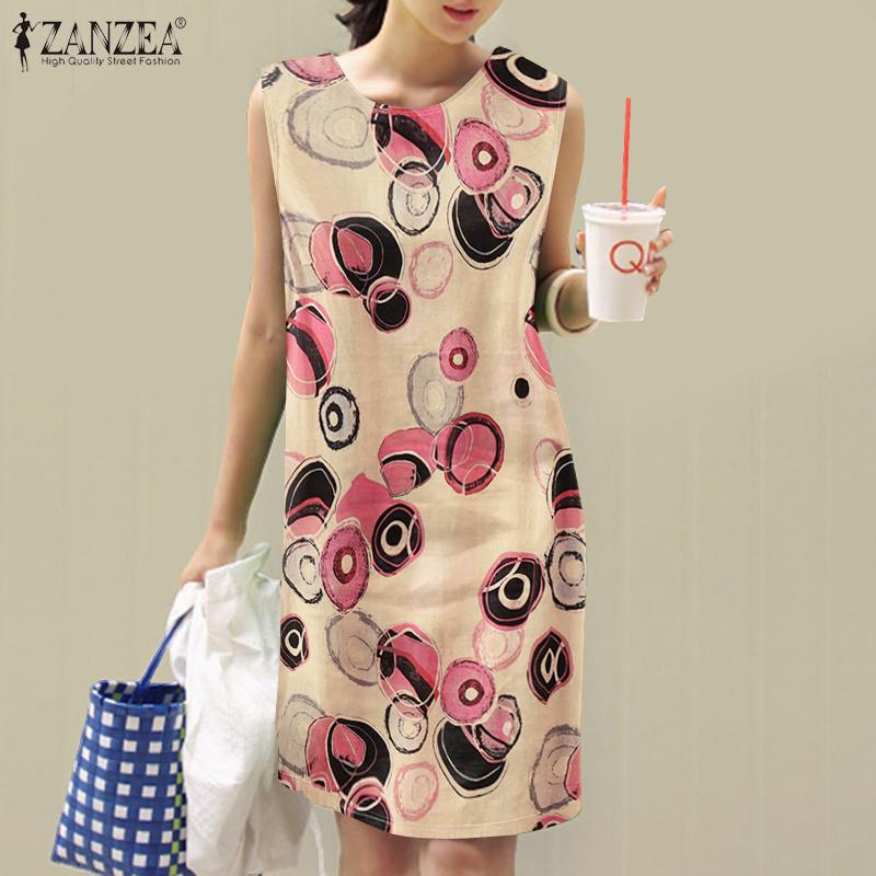 ZANZEA Women Holiday Casual Round Neck Sleeveless Print Dress