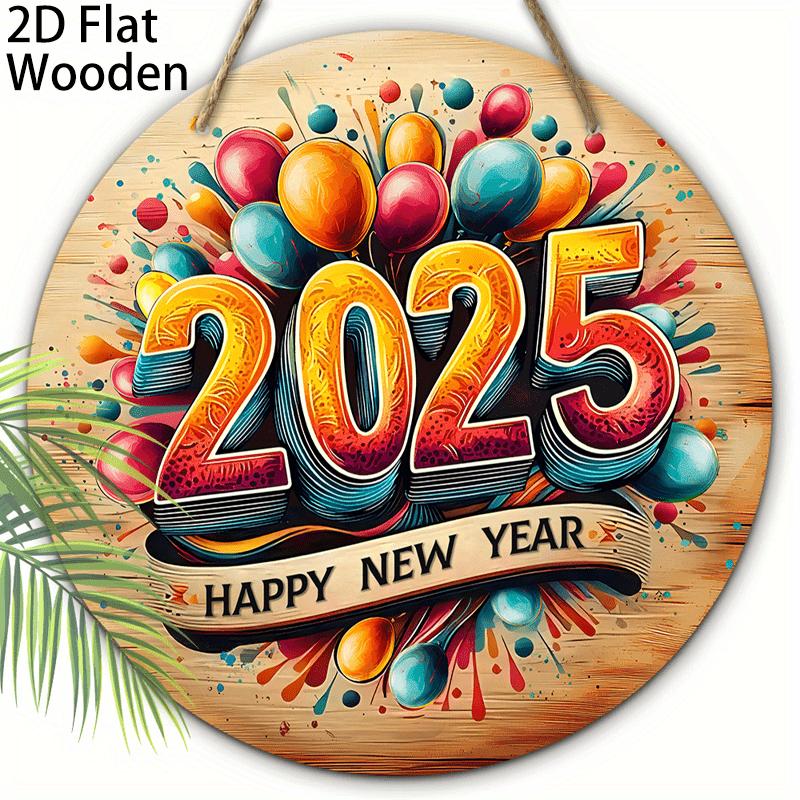 

5 шт. деревенских деревянных табличек с надписью «С Новым годом 2025» с 2D-рельефными шарами, рождественским венком из льда и снега, праздничным настенным декором для передней батареи 5pcs