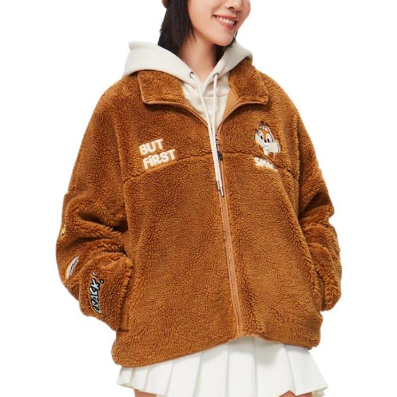 Li-Ning X Disney Co-Branded Chip N Dale Cartoon Buchstabenstickerei Locker Gestrickte Strickjacke mit Reißverschluss Lammwolljacke Warmer Baumwollmantel Damen Oberbekleidung AFDSC92-2