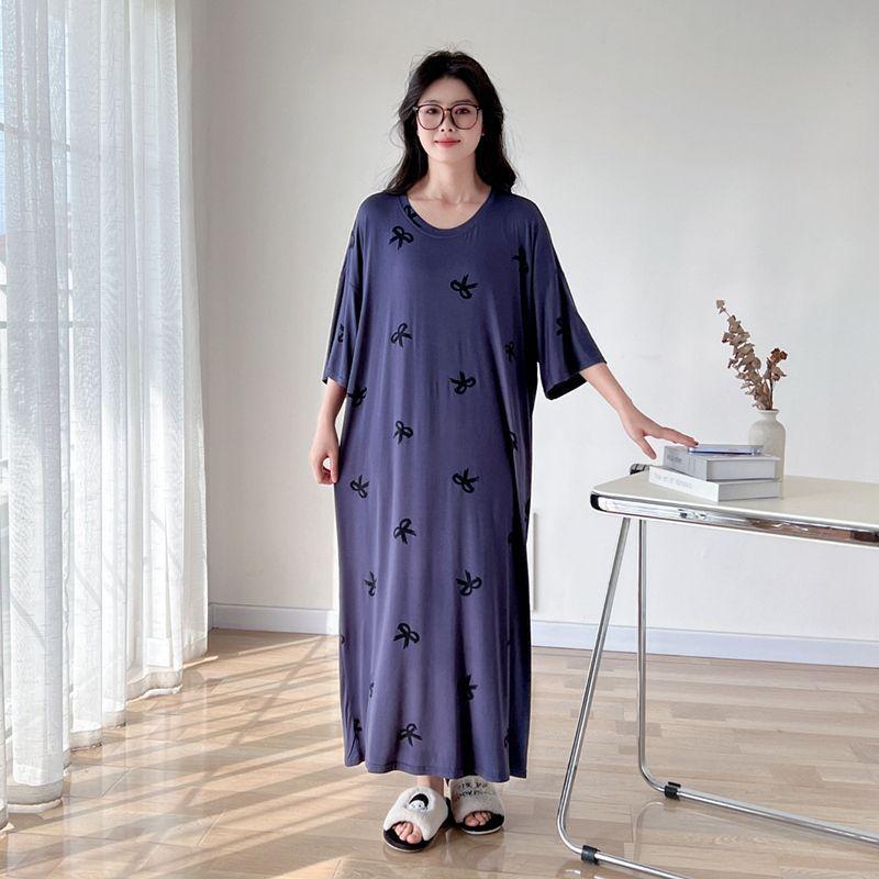 Plus Size Summer Lazy Short Sleeve Long T-Shirt Dress Korean Oversized Loose Maternity Home Clothes