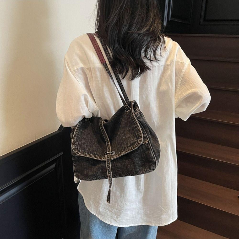 Large Capacity Denim Cloth Bag Retro Vintage Handbag Fashionable Canvas Shoulder Bag  Streetwear