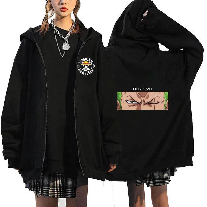 Mens Oversized Hooded Zip-Up Sweatshirt With One Piece Anime Print Plus Size Fleece-Lined Casual Jacket Fall
