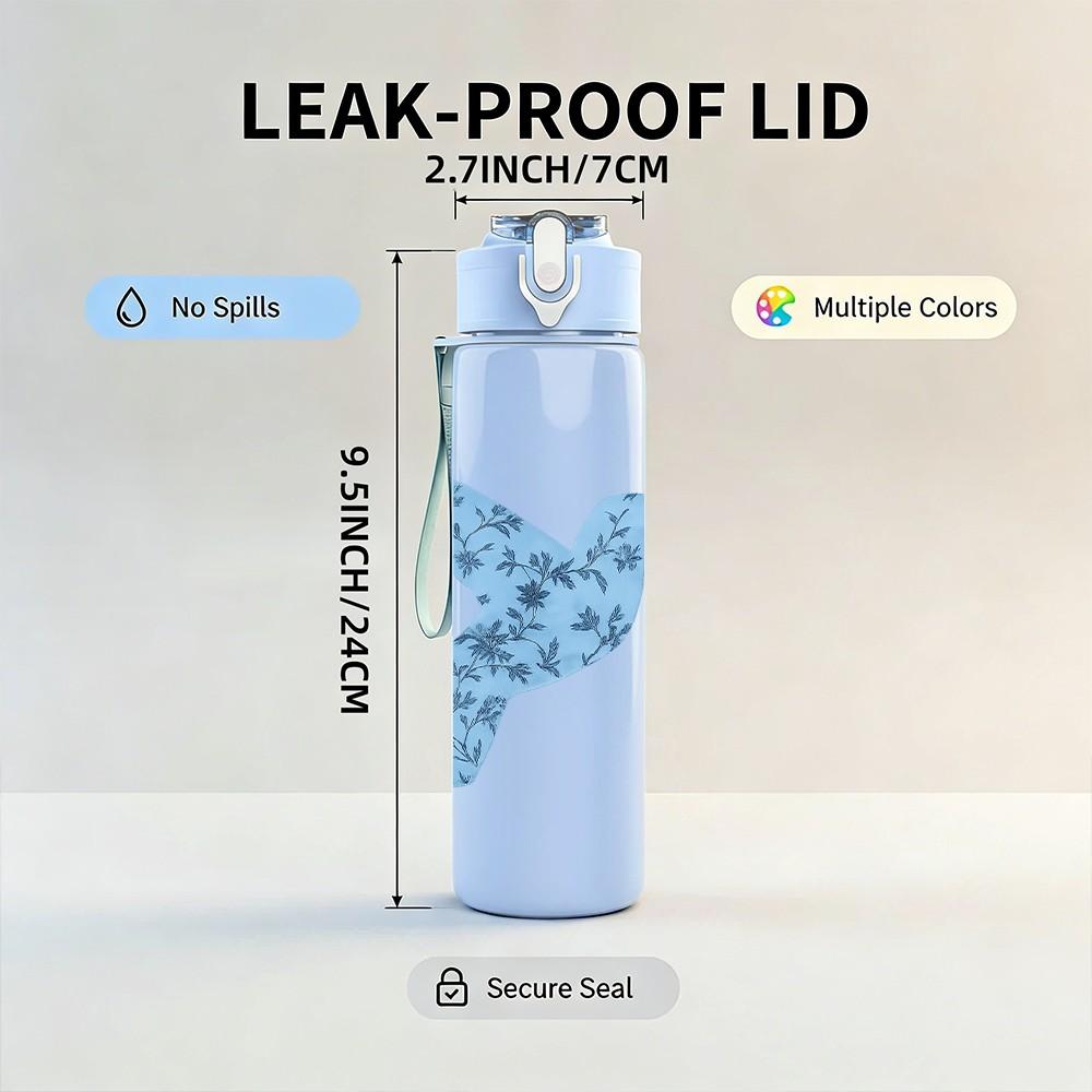 1PC Blue Floral Hummingbird 750ml Color Plastic Sports Water Bottle Leakproof Flip Straw Lid Suitable for Sports Office Home Use